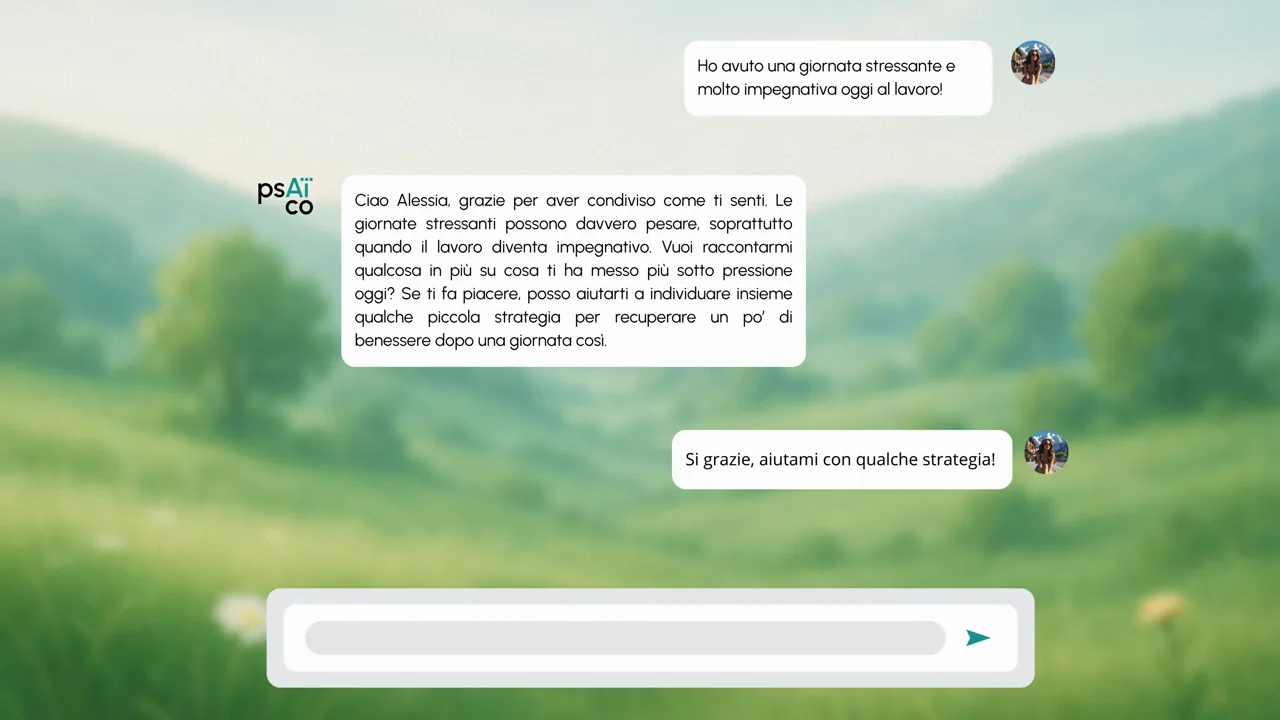 Conversazione con psAico: l'utente racconta una giornata stressante al lavoro e psAico risponde proponendo di individuare insieme qualche strategia per recuperare benessere