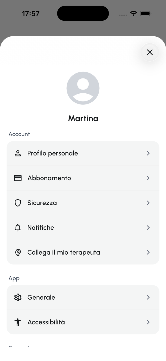 Schermata dell'app psAico: menu profilo