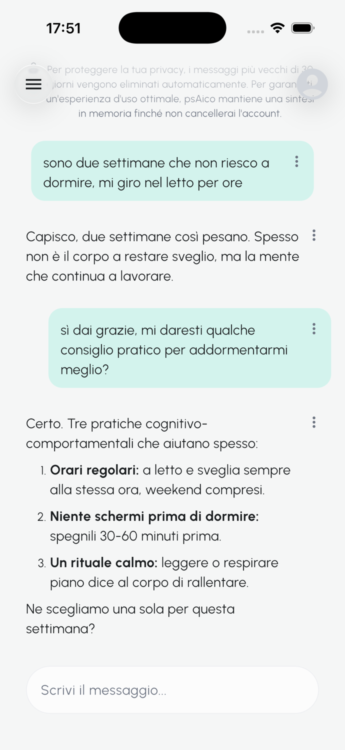Schermata dell'app psAico: chat