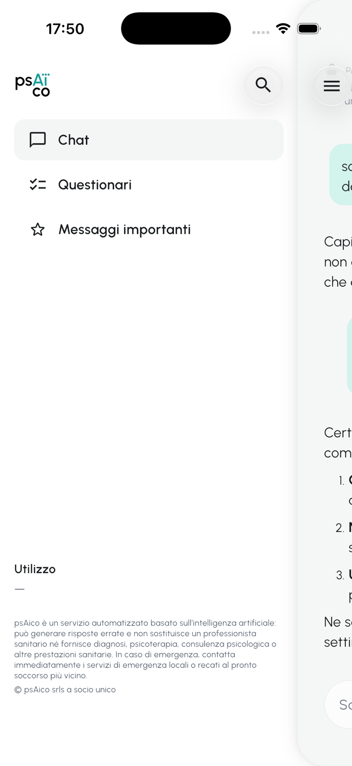 Schermata dell'app psAico: menu
