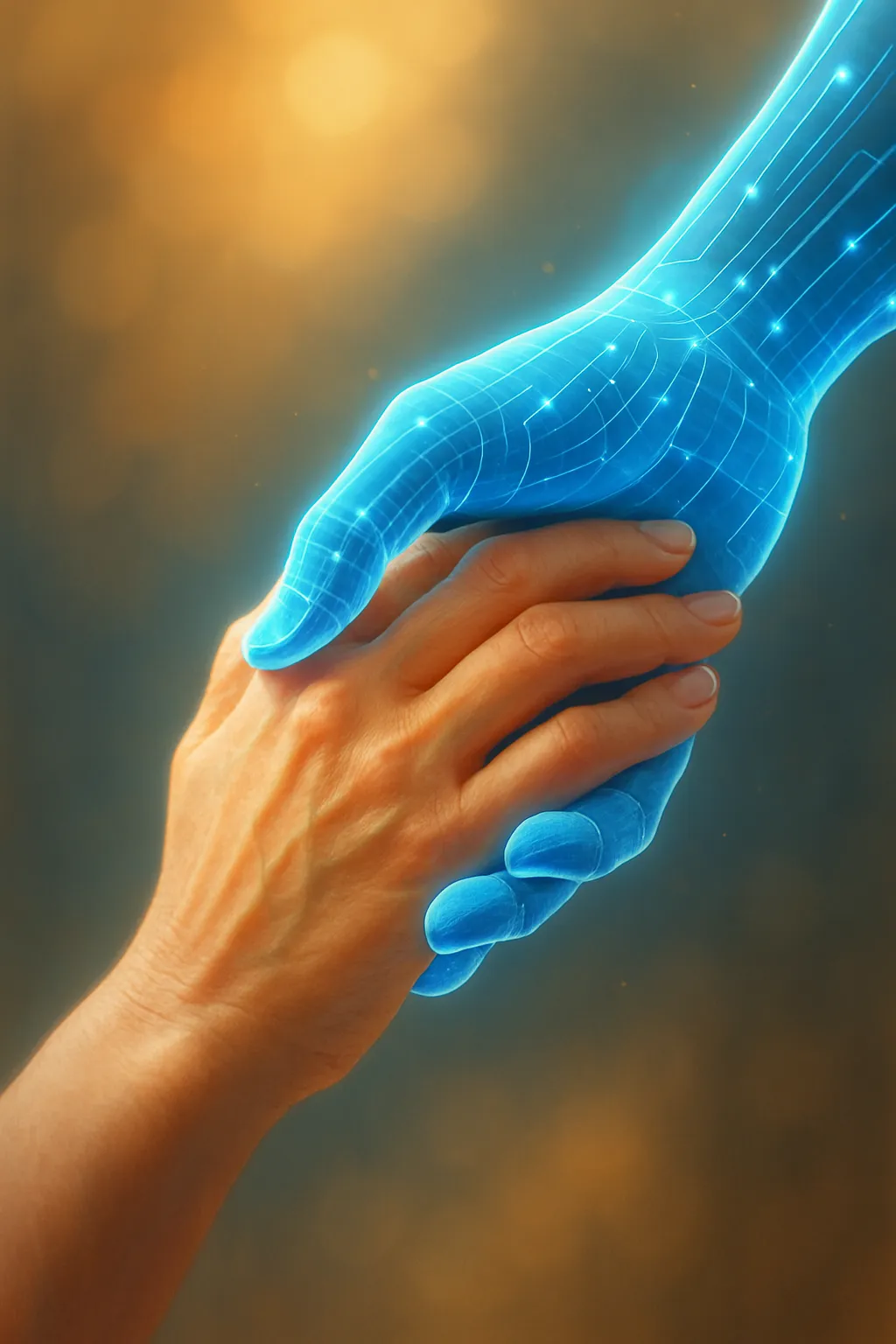 Una mano umana sostenuta da una mano digitale