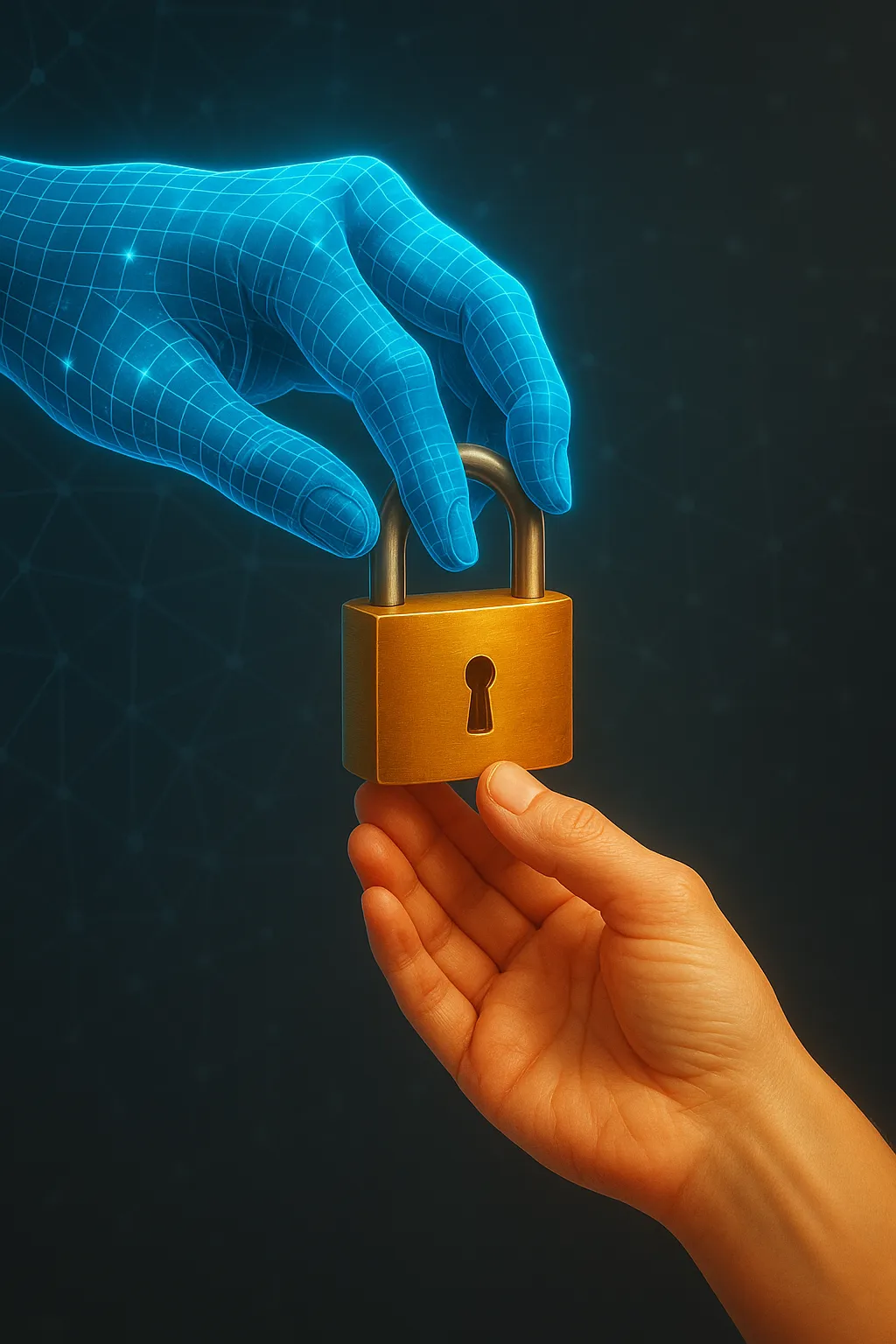 Una mano digitale protegge un lucchetto