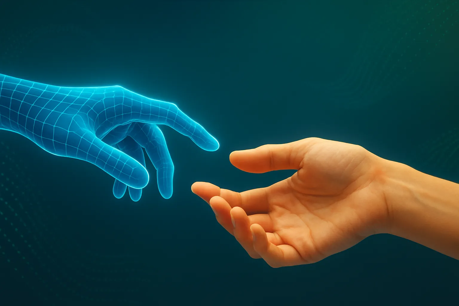 A digital hand and a human hand meeting