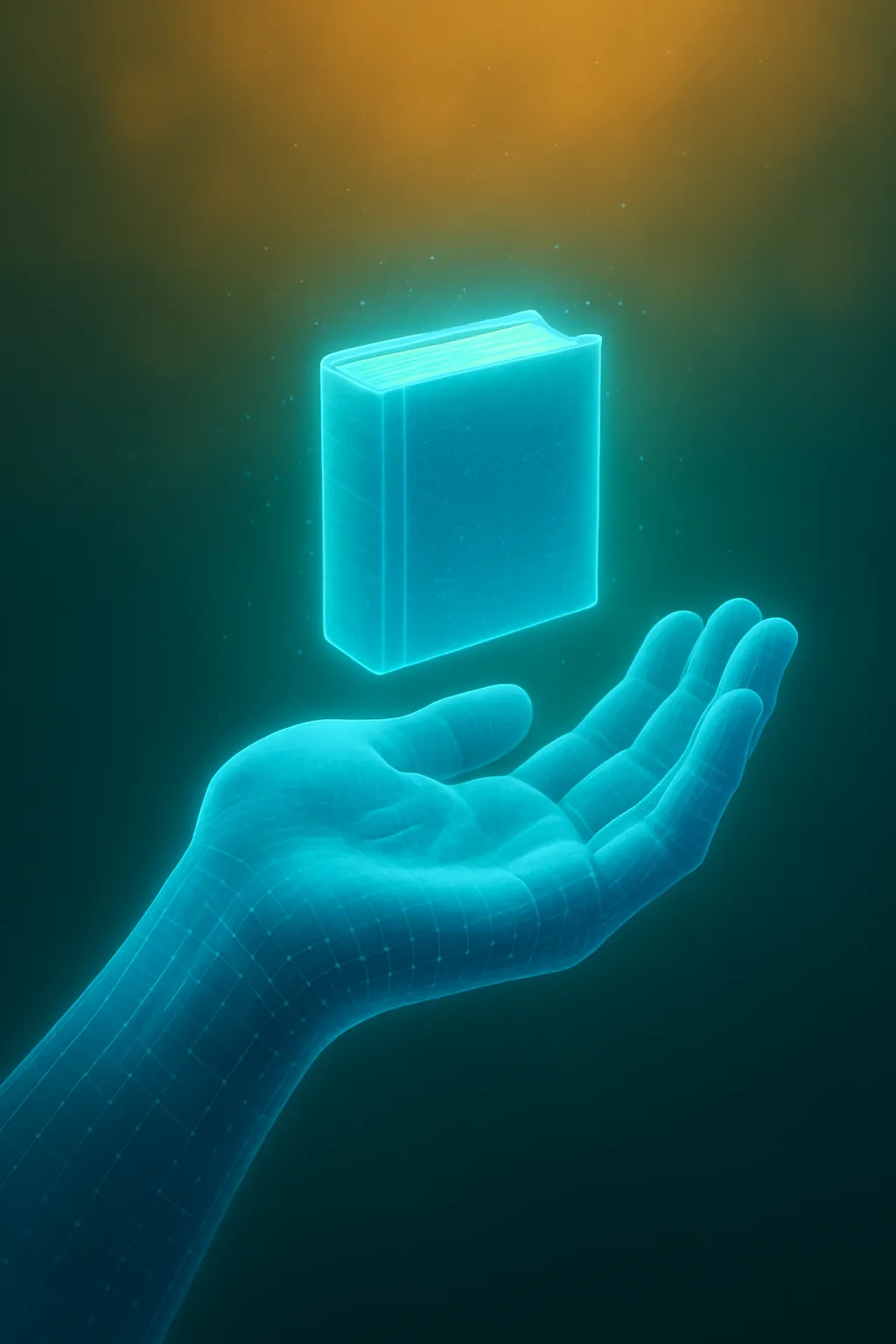 A digital hand holding a glowing book